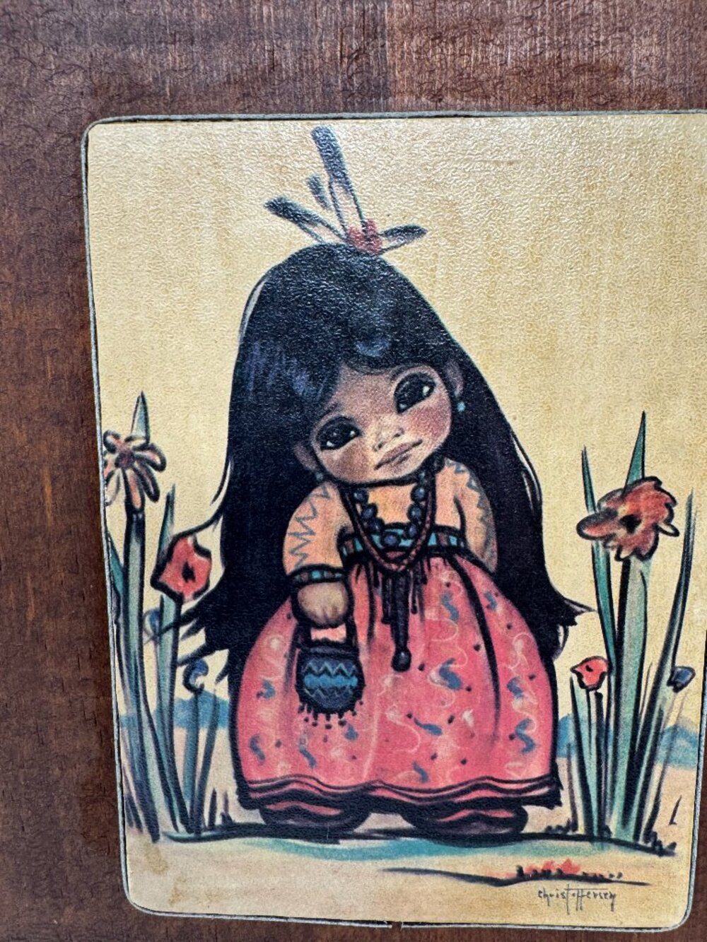 Vintage Gerda Christoffersen Native American Girl Wood Wall Plaque 9.5"